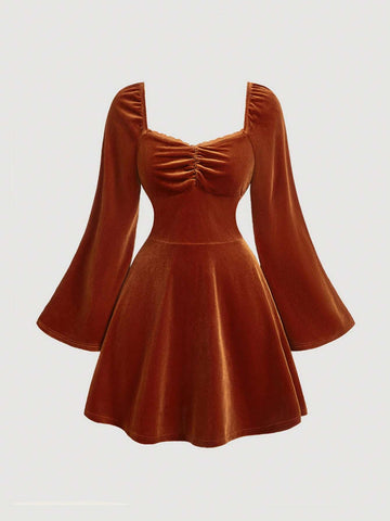 Square Neck Floral Ruffle Bust Flared Sleeve Velvet Dress,Elegant Velvet Dress,Fall Wedding Guest