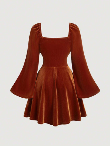 Square Neck Floral Ruffle Bust Flared Sleeve Velvet Dress,Elegant Velvet Dress,Fall Wedding Guest