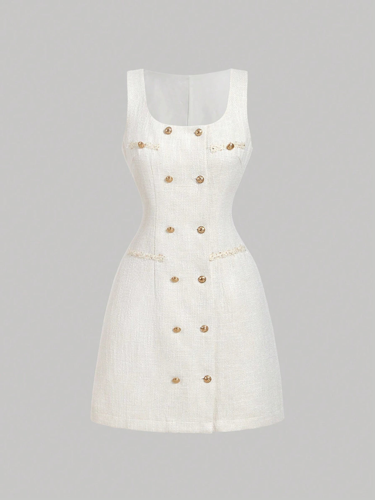 Square Neck Inspired Trim Front Double-Breasted Metal Button White Dress