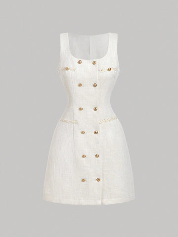 Square Neck Inspired Trim Front Double-Breasted Metal Button White Dress