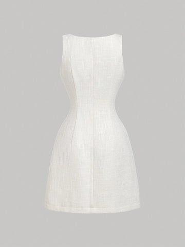 Square Neck Inspired Trim Front Double-Breasted Metal Button White Dress