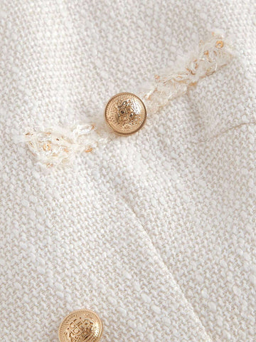 Square Neck Inspired Trim Front Double-Breasted Metal Button White Dress