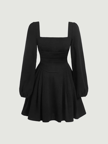 MOD Square Neck Lantern Sleeve Ruched Dress