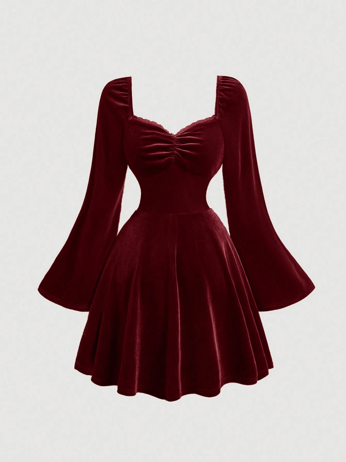 Square Neck Ruffle Bust Pleated Flare Sleeve Velvet Dress