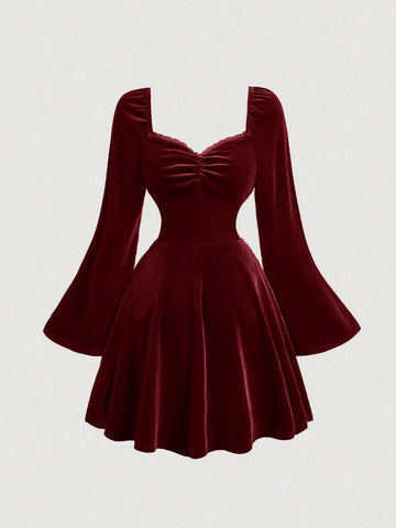 Square Neck Ruffle Bust Pleated Flare Sleeve Velvet Dress