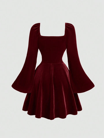 Square Neck Ruffle Bust Pleated Flare Sleeve Velvet Dress