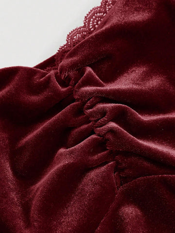 Square Neck Ruffle Bust Pleated Flare Sleeve Velvet Dress