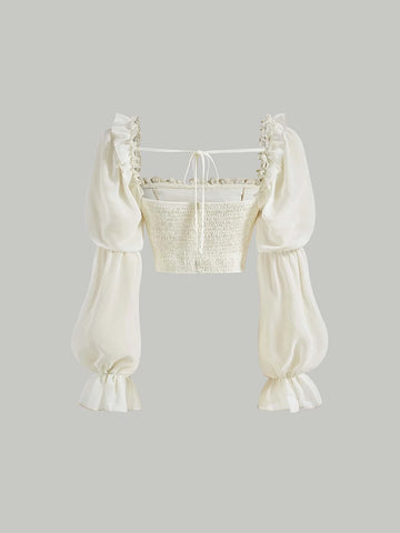 MOD Square Neck Ruffle Trim Virago Sleeve Crop Blouse