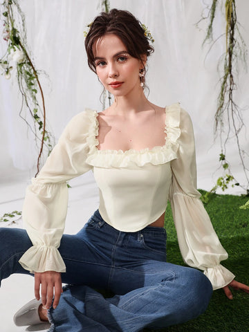 MOD Square Neck Ruffle Trim Virago Sleeve Crop Blouse