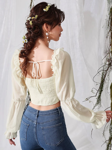 MOD Square Neck Ruffle Trim Virago Sleeve Crop Blouse