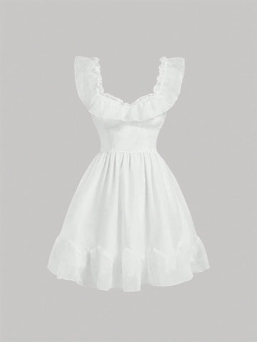 Square Neck Solid Color Simple Daily Umbrella Skirt With Ruffle Hem