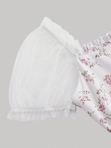 Square Neckline Dress With Balloon Sleeves, Smocked Waistband And Ruffled Hem, Flora Print,