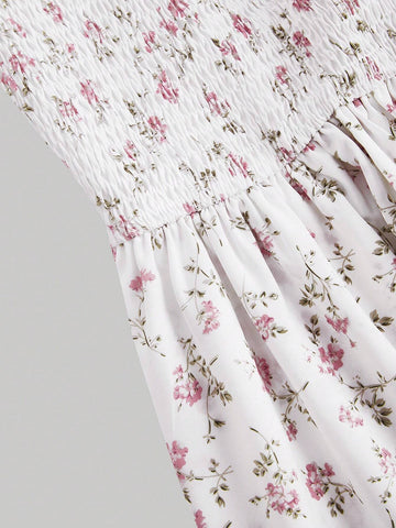 Square Neckline Dress With Balloon Sleeves, Smocked Waistband And Ruffled Hem, Flora Print,