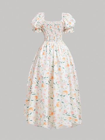 Square Neckline Puff Sleeve Irregular Hem Floral Printed Dress With Cinched Waist And 3D Flower