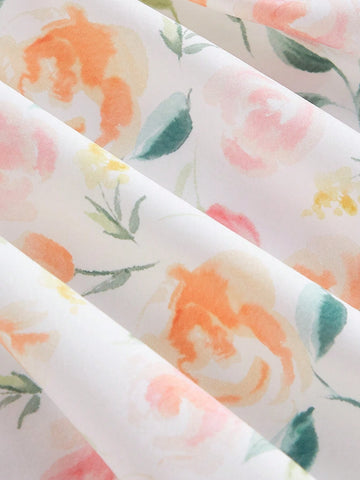 Square Neckline Puff Sleeve Irregular Hem Floral Printed Dress With Cinched Waist And 3D Flower