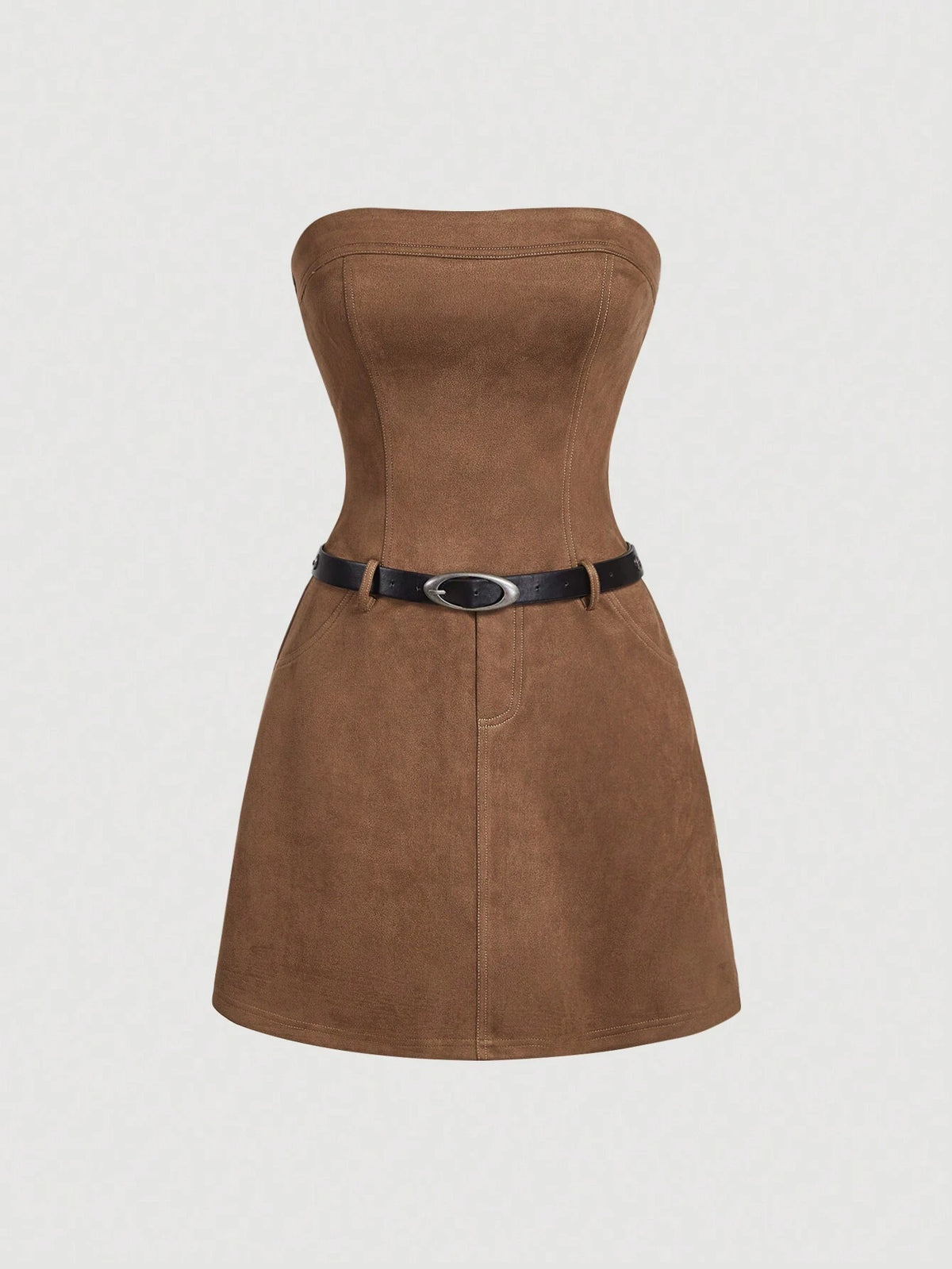 Suede Coffee Brown Short Belt Tube Top, Contrast Trim Vintage Women Mini Skirt,Autumn And