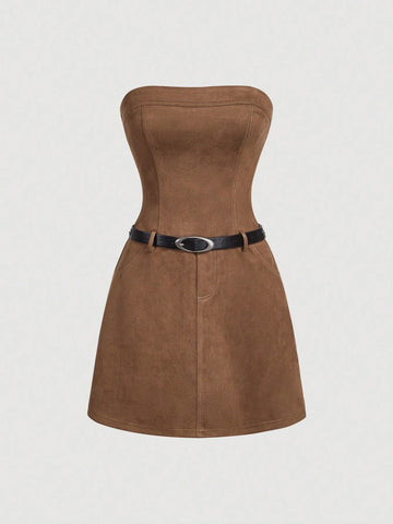 Suede Coffee Brown Short Belt Tube Top, Contrast Trim Vintage Women Mini Skirt,Autumn And