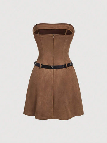 Suede Coffee Brown Short Belt Tube Top, Contrast Trim Vintage Women Mini Skirt,Autumn And