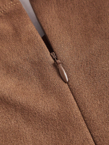 Suede Coffee Brown Short Belt Tube Top, Contrast Trim Vintage Women Mini Skirt,Autumn And