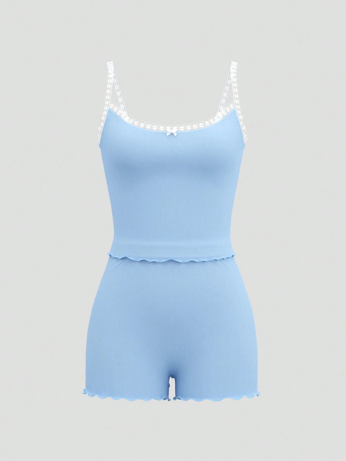 Summer Coquettish Sexy Ballet Pastoral Vacation Leisure Home Blue Bow Lace Vest Shorts Two-Piece Outfit
