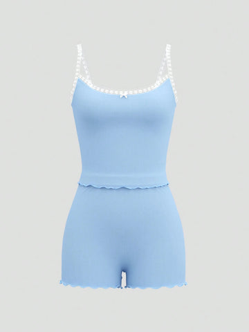 Summer Coquettish Sexy Ballet Pastoral Vacation Leisure Home Blue Bow Lace Vest Shorts Two-Piece Outfit