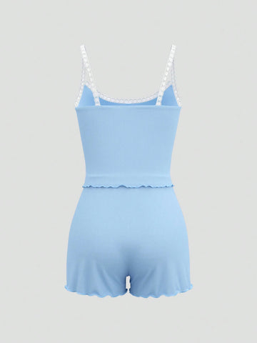 Summer Coquettish Sexy Ballet Pastoral Vacation Leisure Home Blue Bow Lace Vest Shorts Two-Piece Outfit