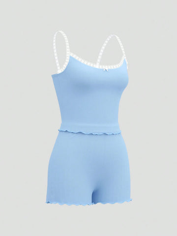 Summer Coquettish Sexy Ballet Pastoral Vacation Leisure Home Blue Bow Lace Vest Shorts Two-Piece Outfit