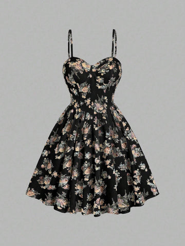 Summer Elegant Floral Allover Print Waist-Cinched Bustier Strap Dress