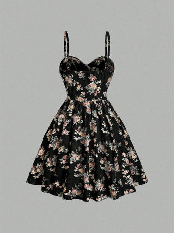 Summer Elegant Floral Allover Print Waist-Cinched Bustier Strap Dress