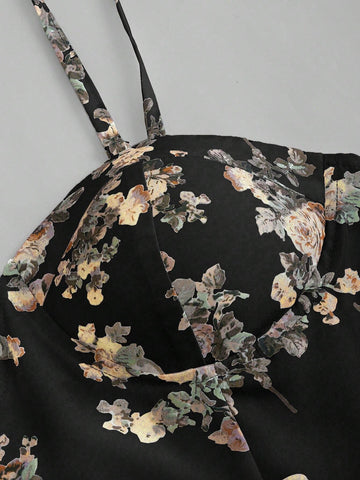 Summer Elegant Floral Allover Print Waist-Cinched Bustier Strap Dress