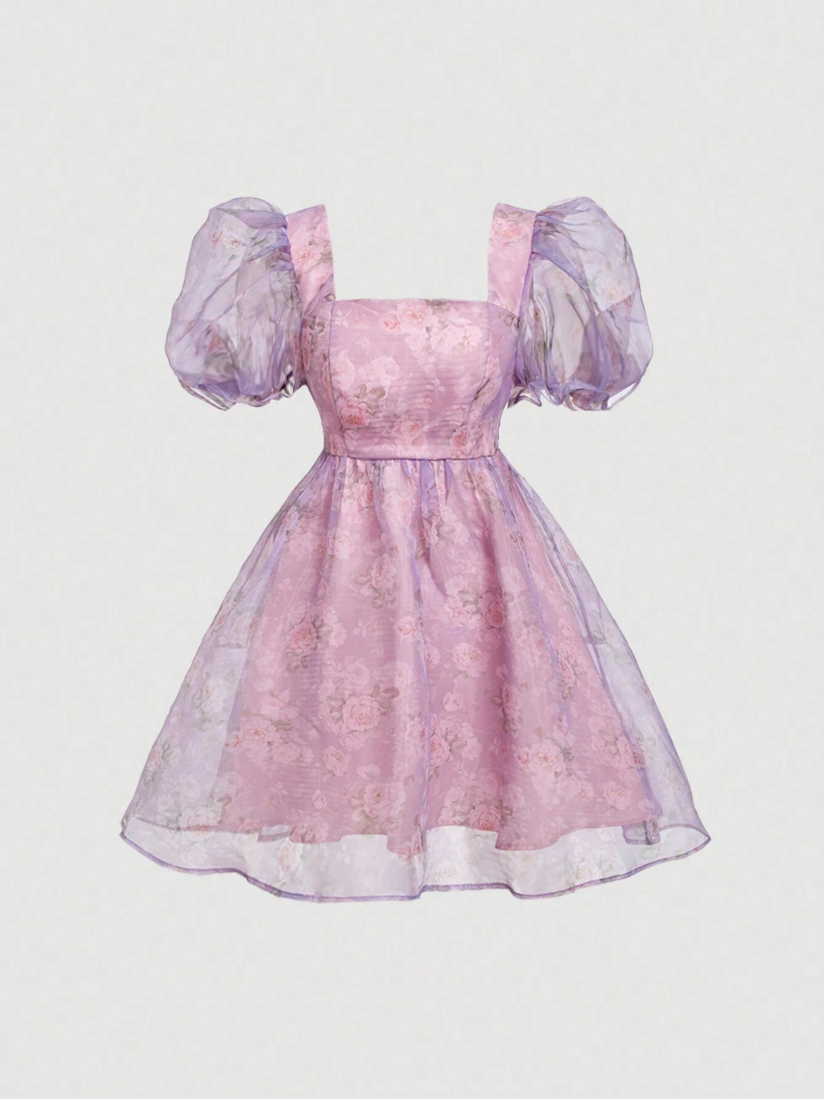Summer Fairy Floral Print Organza Puff Sleeve Short Dress