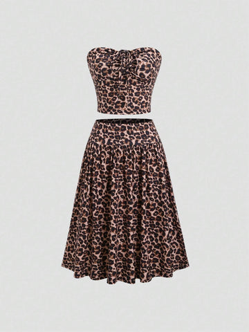 Summer Fashionable Leopard Print Bandeau Top And Mini Skirt 2pc Set