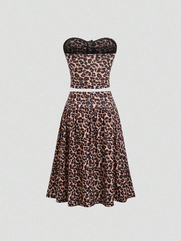 Summer Fashionable Leopard Print Bandeau Top And Mini Skirt 2pc Set