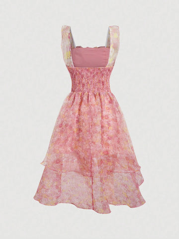 Summer Floral Print Vacation Dress With Ruched Bust, Elastic Waist, Short Front Hem And Long