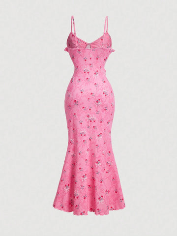Summer Floral Printed Asymmetrical Hem Cami Dress With Ruffle Trim