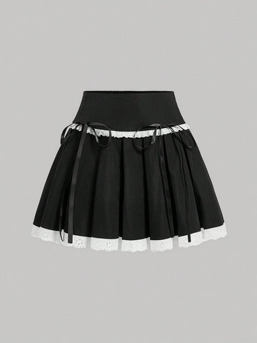 MOD Summer Music Festival Clothing Lace Decorated Pleated Short Black Skirt