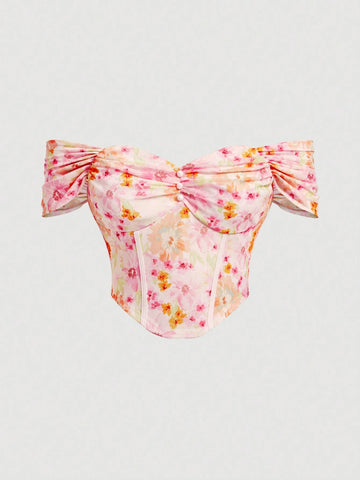 MOD Summer Off Shoulder Floral Print Mesh Top