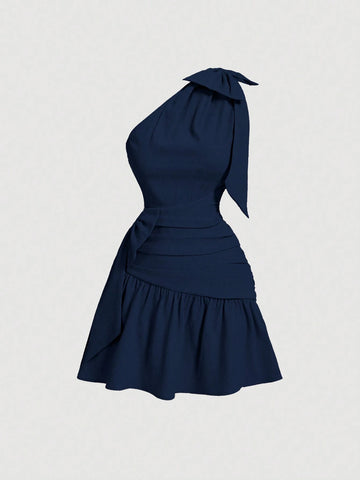 Summer Pink Asymmetrical Neck Bow Knot Cropped High-Low Dress