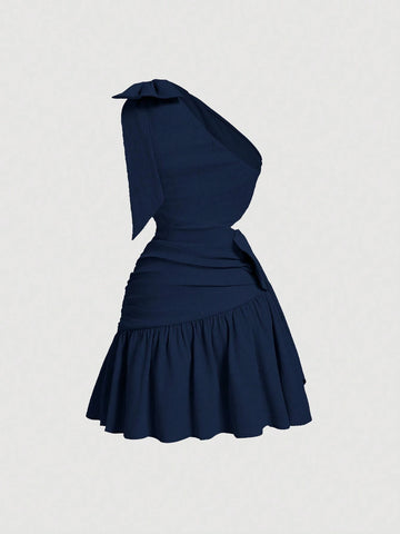 Summer Pink Asymmetrical Neck Bow Knot Cropped High-Low Dress