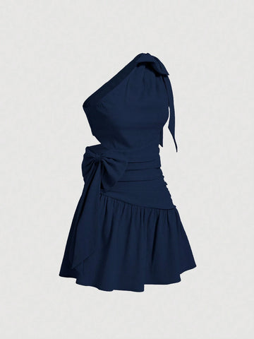 Summer Pink Asymmetrical Neck Bow Knot Cropped High-Low Dress