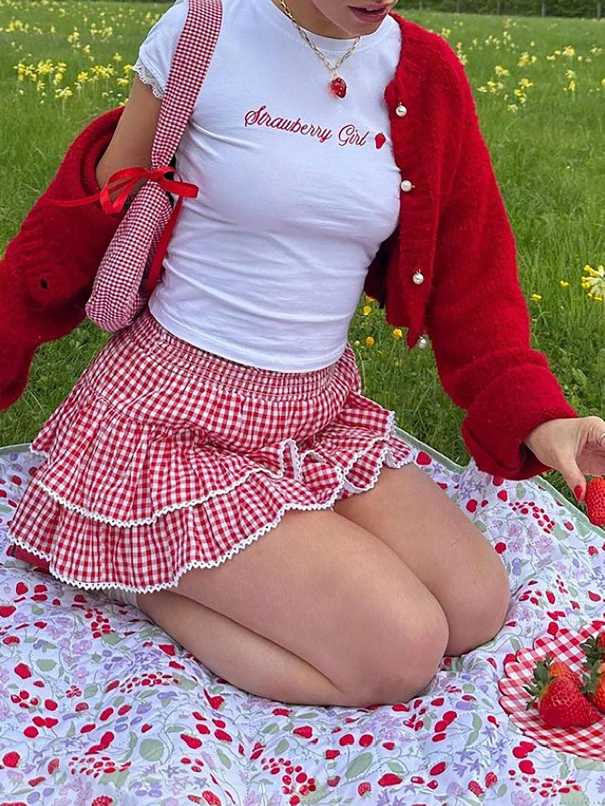 MOD Summer Plaid A-Line Skirt With Lace Hem