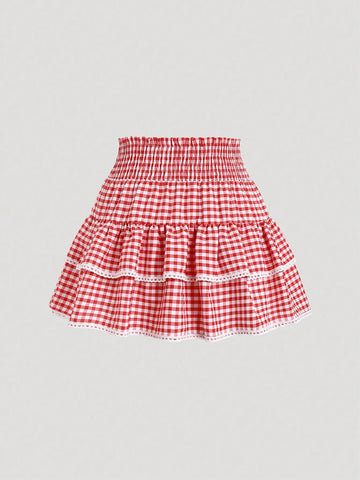 MOD Summer Plaid A-Line Skirt With Lace Hem