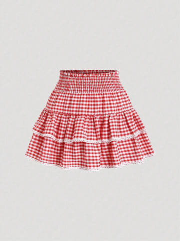 MOD Summer Plaid A-Line Skirt With Lace Hem