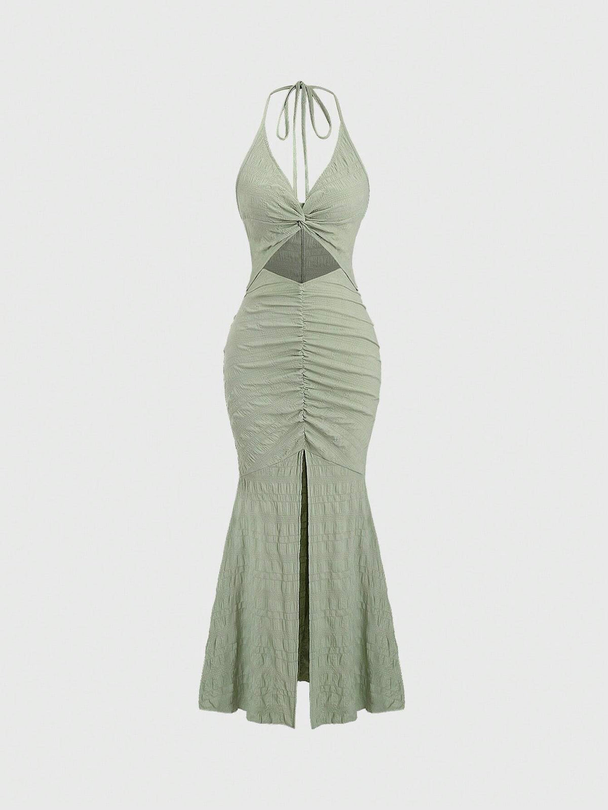 Summer Sexy Twist Knot Hollow Out Pleated Slit Fish Tail Halter Neck Dress