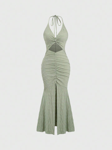 Summer Sexy Twist Knot Hollow Out Pleated Slit Fish Tail Halter Neck Dress