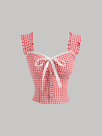 Summer Sleeveless Plaid Shirt With Bow, Ruffle & Frill Hem Decorations