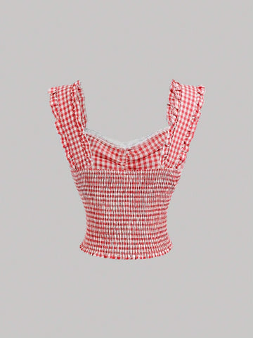 Summer Sleeveless Plaid Shirt With Bow, Ruffle & Frill Hem Decorations