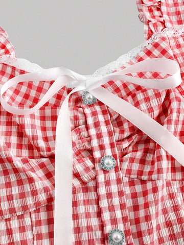 Summer Sleeveless Plaid Shirt With Bow, Ruffle & Frill Hem Decorations