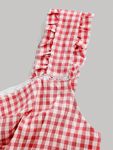 Summer Sleeveless Plaid Shirt With Bow, Ruffle & Frill Hem Decorations
