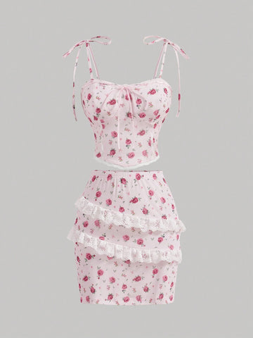 Summer Small Floral Spliced Lace Trim Spaghetti Strap Multi-Layer Ruffled Hem Package Hip Mesh Skirt Set